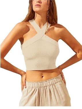 House of Harlow 1960 Cross-Back Ribbed Crop Top - Beige